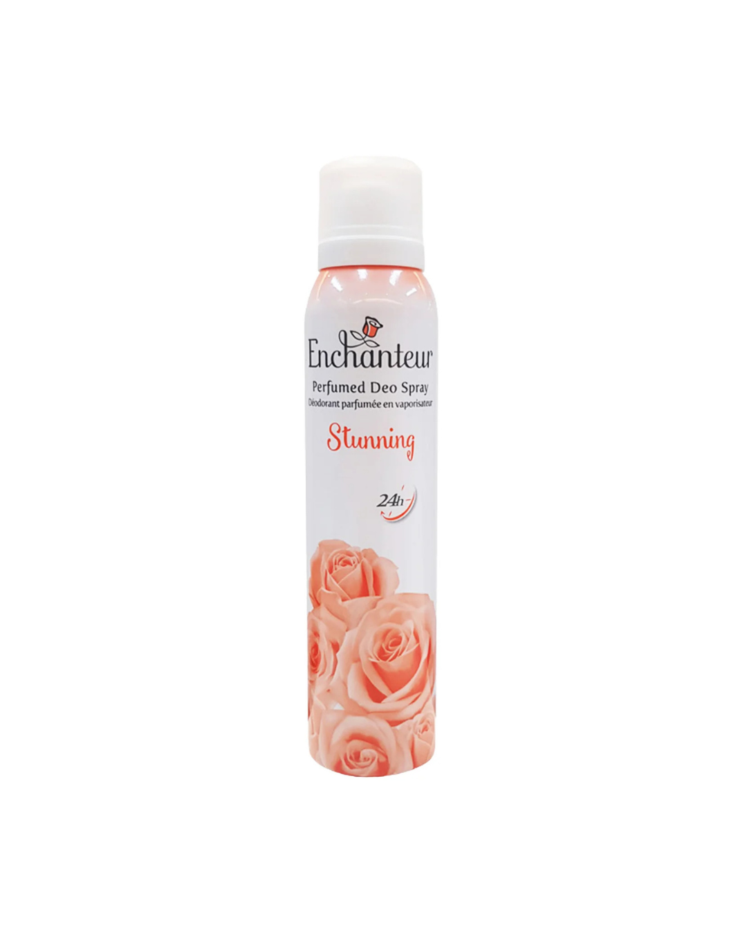Enchanteur perfume deodorant spray bottle with rose design on a white background